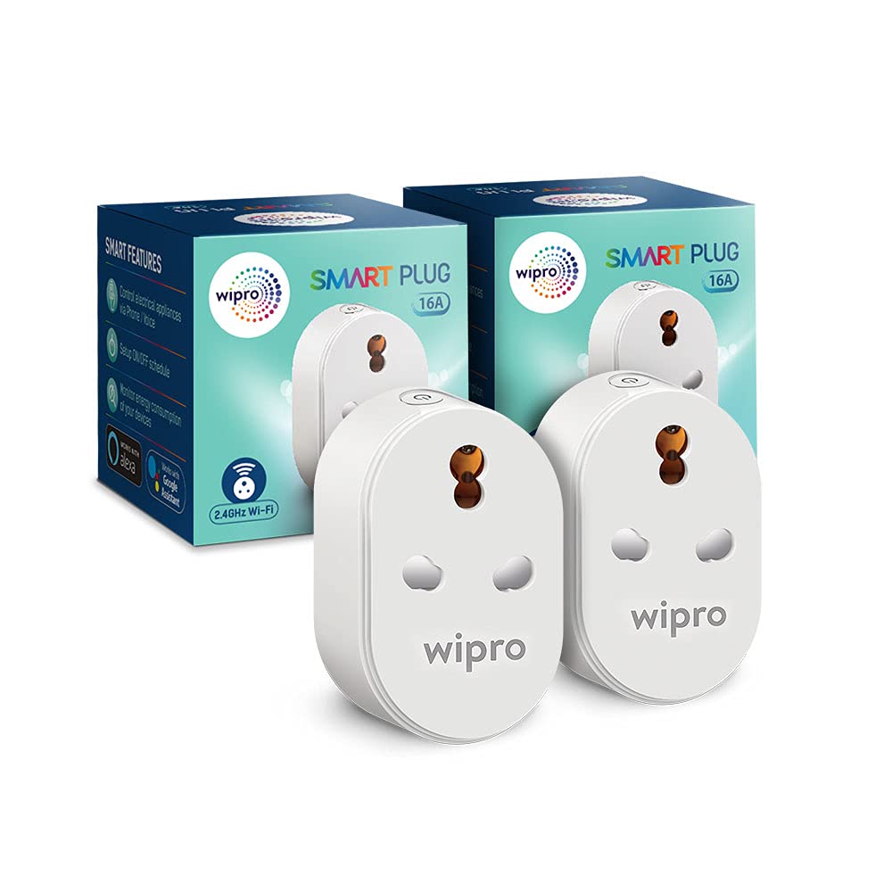 Wipro 16A Wi-Fi Smart Plug with Energy Monitoring- Suitable for Large Appliances like Geysers, Microwave Ovens, Air Conditioners (Compatible with Alexa and Assistant)- White (Pack of 2)