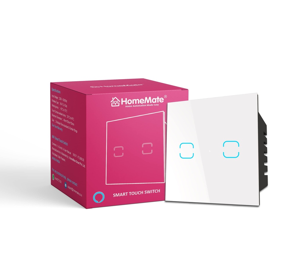 HomeMate® WiFi+BLE 2-Way 2 Gang Touch Switch | No Hub Required | Dry Contact Switch | Home Automation | Compatible with Alexa and Home (1, White)