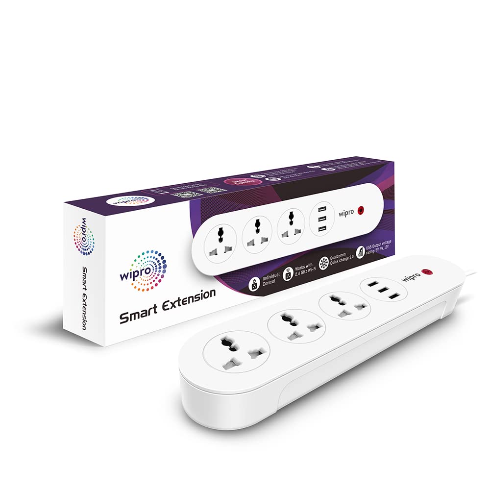 Wipro Smart Wi-Fi USB Extension Board with 3 Universal Socket & 3 USB| Voice control with Alexa and Asst| Energy Monitoring Feature for Connected Device | Schedule ON/OFF (Pack of 1, White)