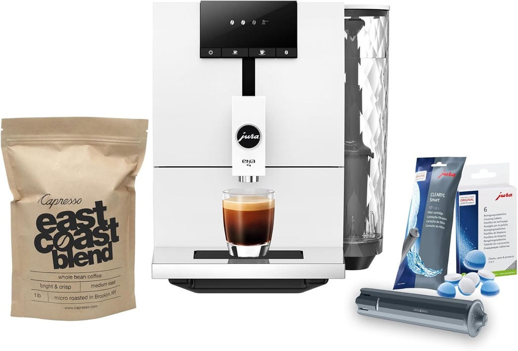 Jura ENA 4 Automatic Espresso Machine (Nordic White) with CLEARYL Smart+ Water Filtration, 6 Cleaning Tablets and East Coast Blend Whole Bean Coffee (4 Items)