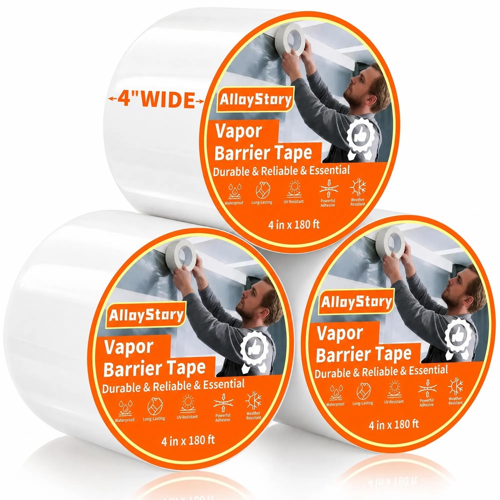 Vapor Barrier Tape, 4" x 180', 9 Mil White Crawl Space Seam Tape, 3 Rolls