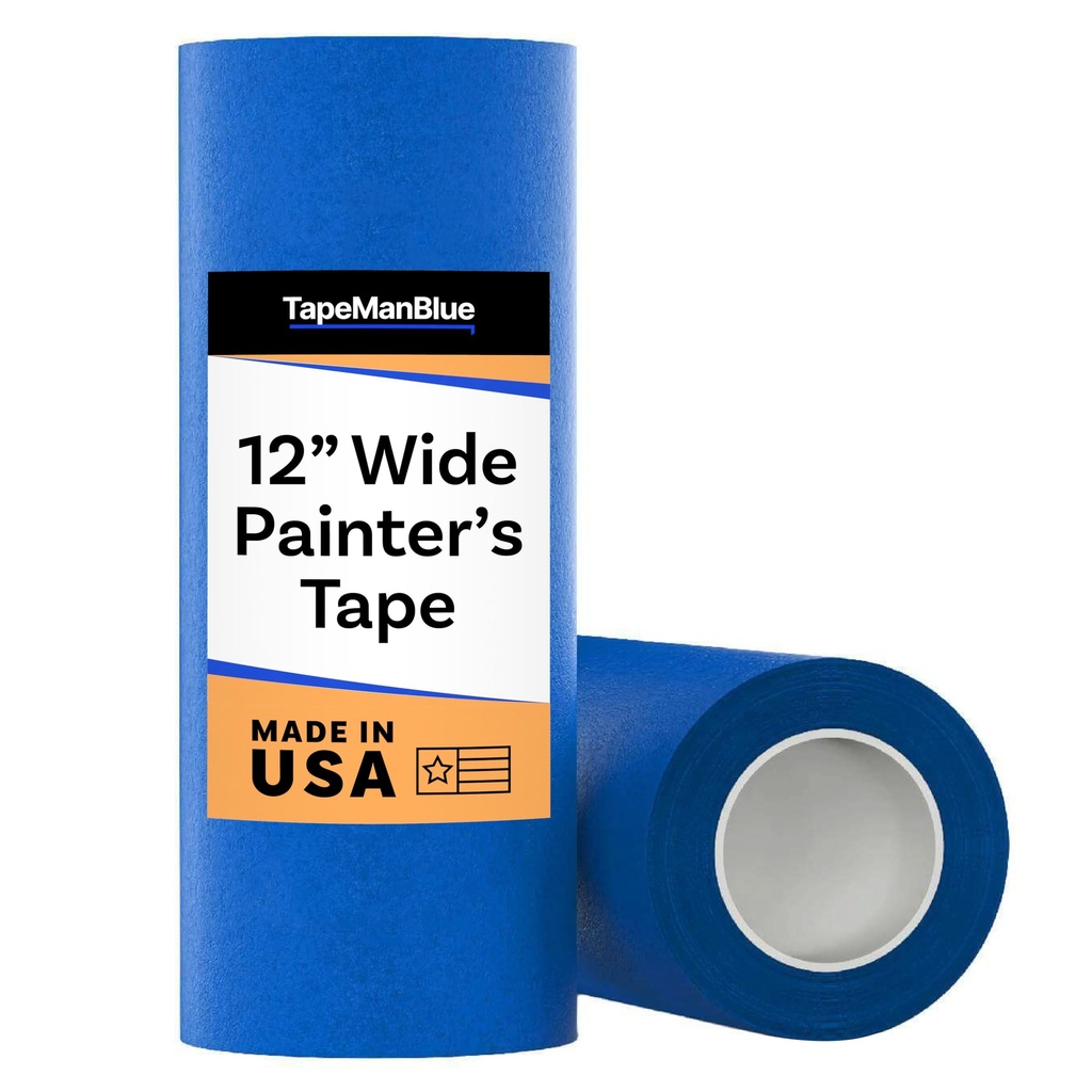TapeManBlue Wide Blue Painters Tape, 12 inch x 60 yds, Made in America, Great Masking Tape for 3D Printing and Laser Cutting, Removes Cleanly for 21 Days