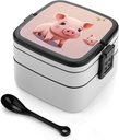 All-in-One Bento Box Stackable Leak-Proof Lunch Box With Carry Handle 2 Layer Portable Meal Prep Container Cute Animal Lunchbox with Utensils for Dining Out Work, Black
