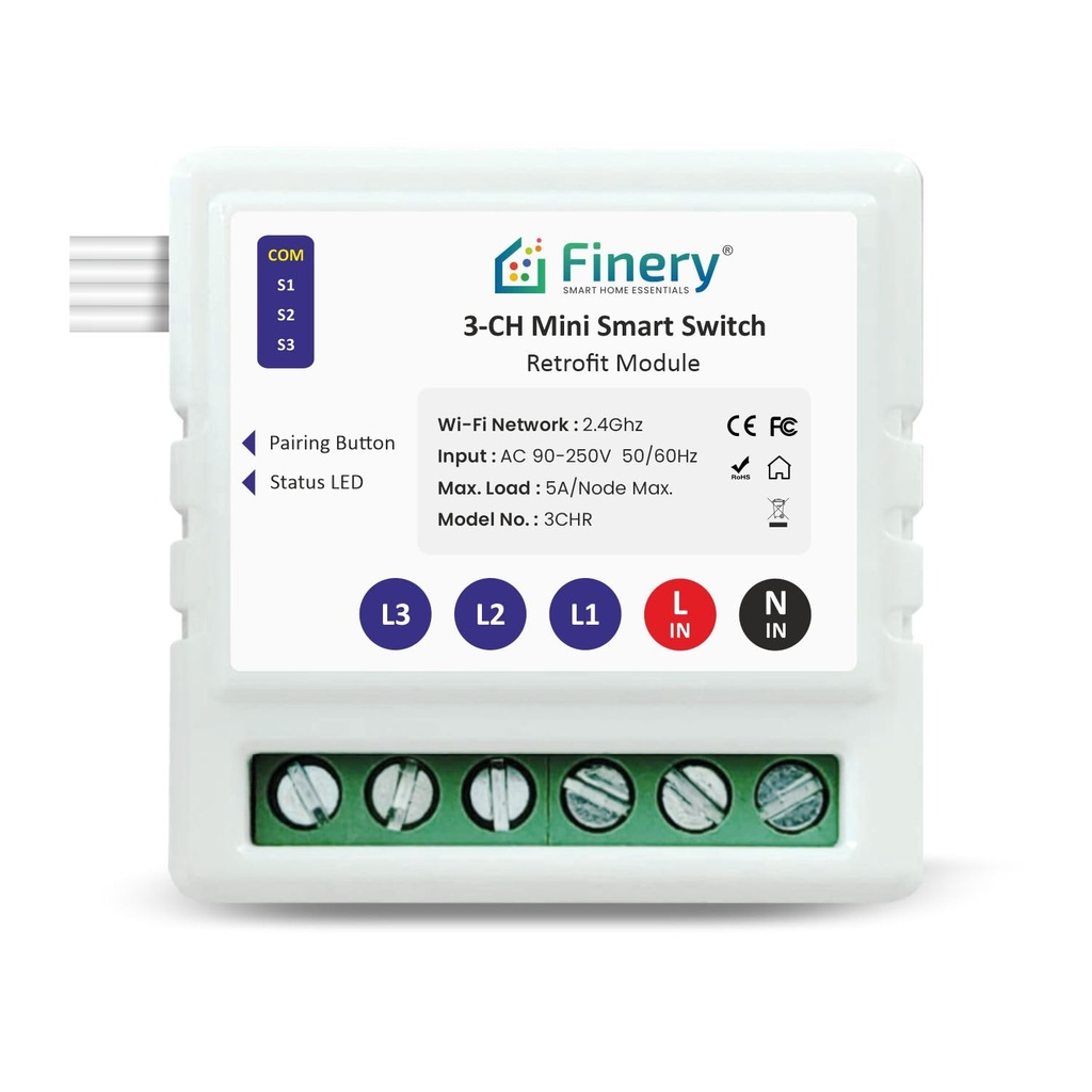 Finery 3 Node WiFi Smart Switch Retrofit Kit Supports Manual switches Compatible with Alexa & Home iOS and Android Smart Life app (3 Node/Gang)