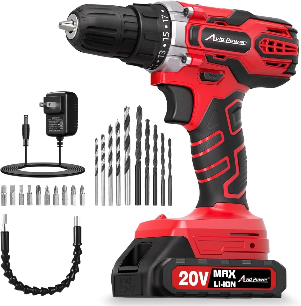 AVID POWER 20V MAX Power Drill Kit, Cordless Drill Set with Battery and Charger, 2 Variable Speed, 3/8-Inch Keyless Chuck, 19 Position and 22pcs Bits