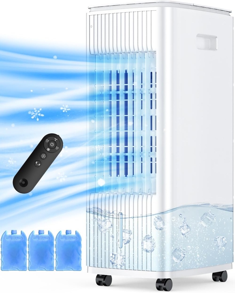 BALKO Swamp Cooler Air Conditioner w/Double Tanks, Smart Timer, 3 Ice Packs, 25-INCH Evaporative Air Cooler, 60W Windowless Air Conditioner, 70° Oscillation,3-Speed Portable Air Conditioners for Room