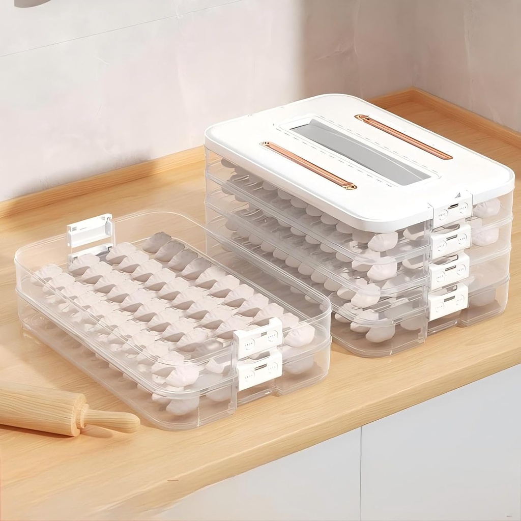 Dumplings Storage Boxes with 4 Layers, Stackable with Lid, Buckle & Handle for Cookies Wonton Donuts, 10.63*7.09*5.12in Box Organizer For Fridge, 1.18in Net Height Per Layer, Small Size, White