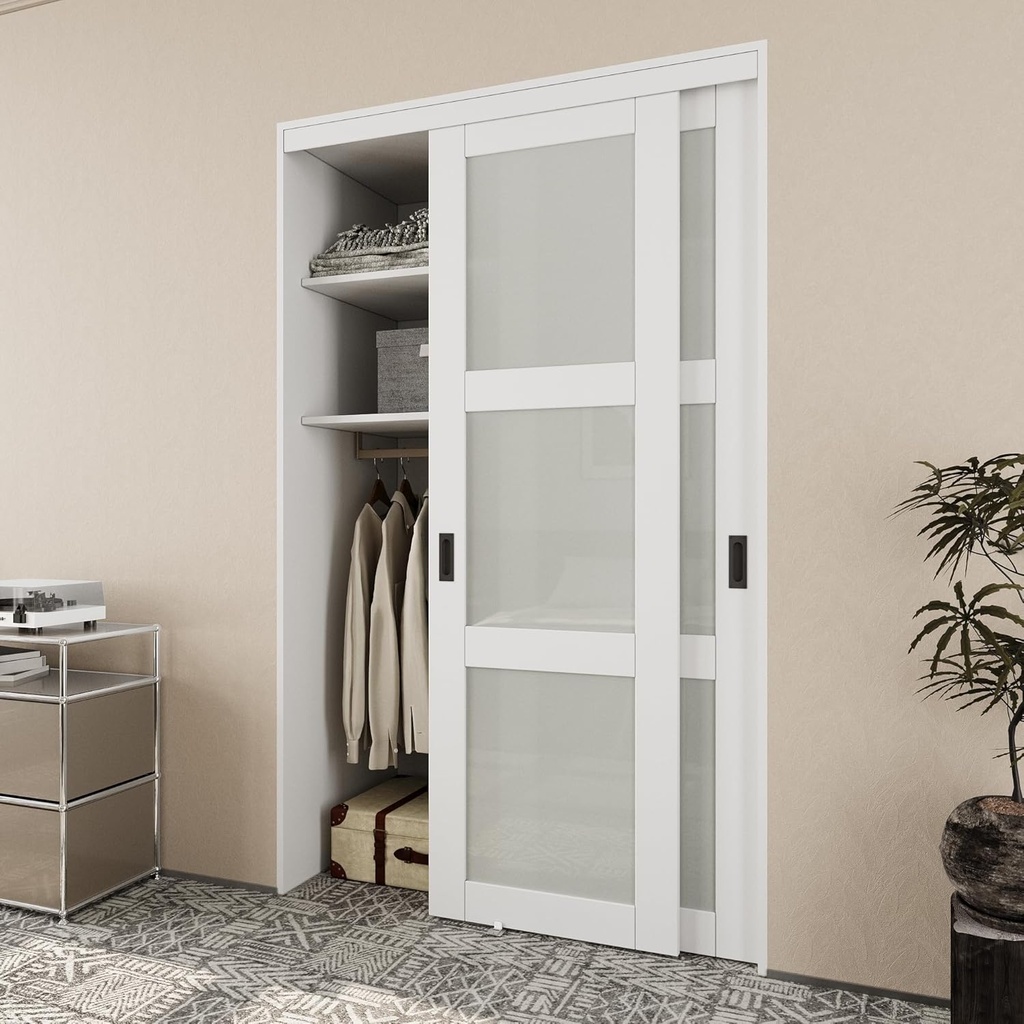 Paintable Sliding Closet Door 48" x 80", 3 Lite Frosted Tempered Glass Interior Sliding Door for Bedroom, Bypass Closet Panels with Hardware Set & Handles, Pre-Drilled Need to Assemble
