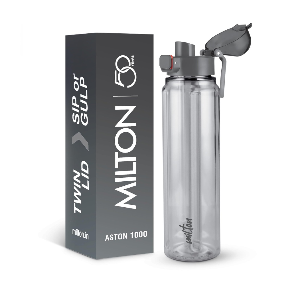 MILTON Aston 1000 BPA & BPS-Free Water Bottle 1 ltr | Food-Grade Plastic | One-Click Open | Leak-Proof | Sip & Gulp Lid I Ideal for Office, School, College, Gym, Grey