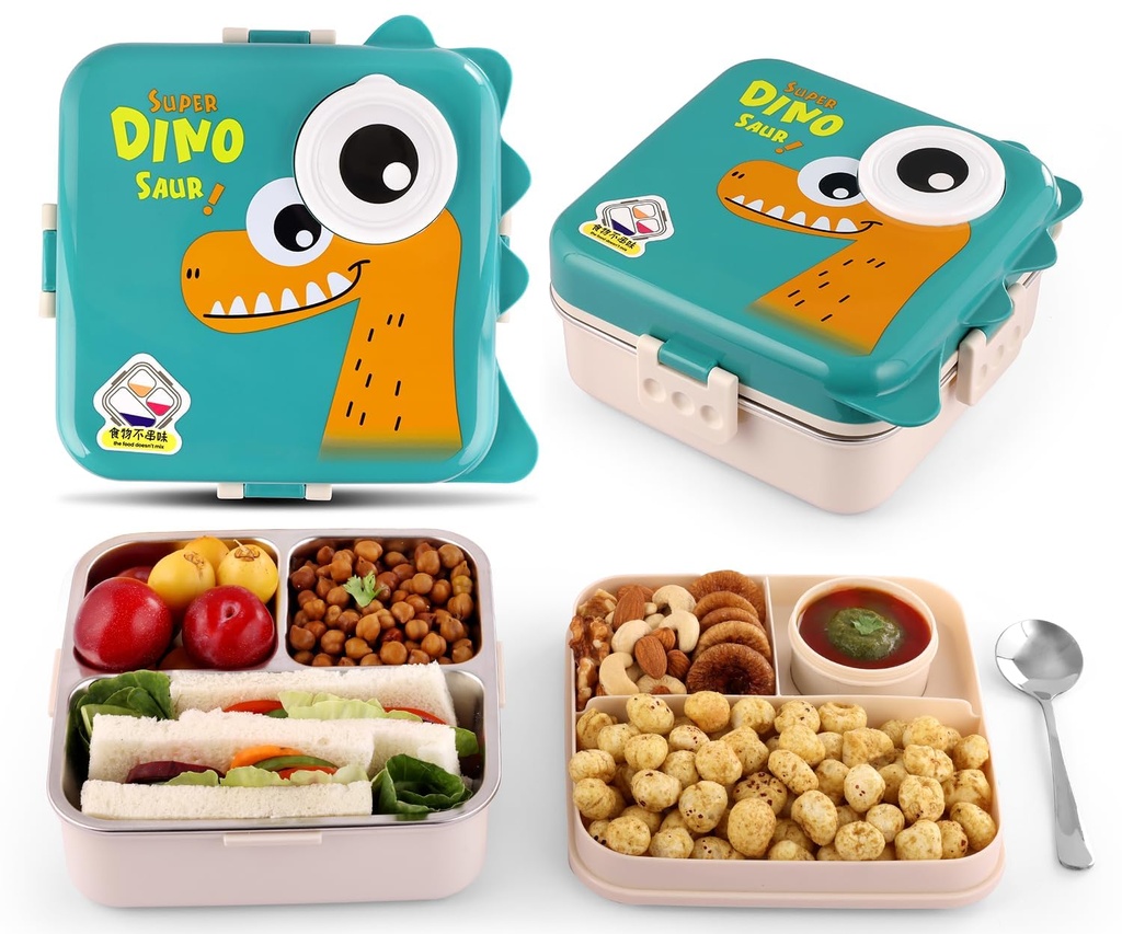 3-Compartment Stainless Steel Lunch Box – Insulated, Leak-Proof & BPA-Free Bento Box with Tray, Spoon & Container for School, Office, Travel – 1120ml + 70ml, Green