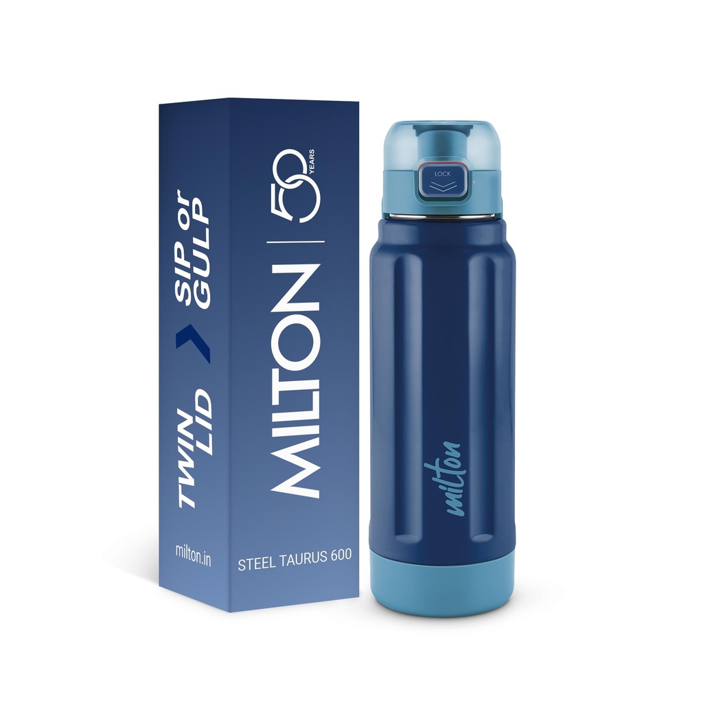 Milton Taurus 600 Steel Thermoware, Inner Stainless Steel, PU Insulated, Leak Proof Water Bottle for School Kids, Office, Gym, Easy to Carry Handle, 560 ml, Dark Blue