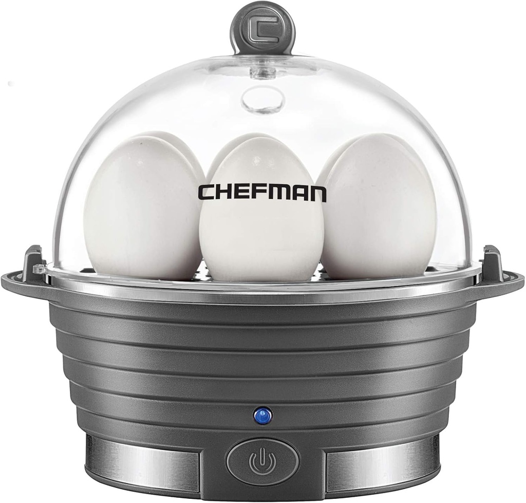 Chefman Electric Egg Cooker Boiler, Rapid Egg-Maker & Poacher, Food & Vegetable Steamer, Quickly Makes 6 Eggs, Hard, Medium or Soft Boiled, Poaching/Omelet Tray Included, Ready Signal, BPA-Free, Grey