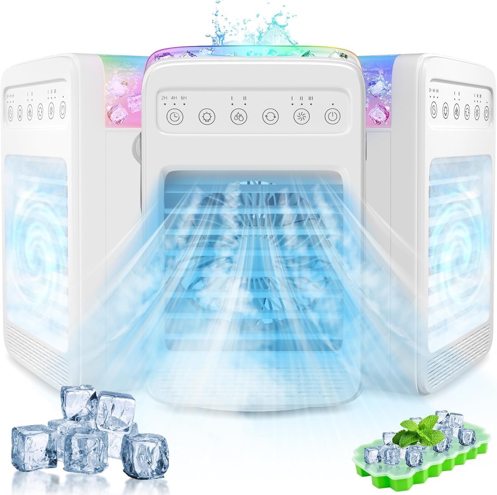 Swamp Cooler, Air Conditioners Portable with Water Tank 2/4/6H Timer, 180° Oscillating Evaporative Air Coolers with 4 Speeds 2 Cool Mists 7 Color Lights, Cooling Fan for Room Bedroom Office