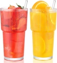 20 oz Glass Cups and Straw 2 Set, Glass Tumbler with Straw, Vintage Glassware for Whiskey Cocktail Beer, Iced Coffee Cups (2 PACK)