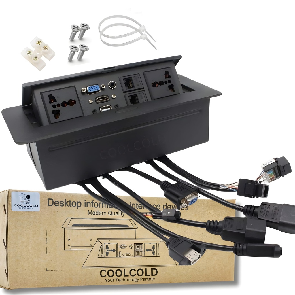 COOLCOLD 10 Module, Hydraulic 8 Cables Cubby Metal, Conference Table Connectivity Solutions, Flip-Top Hidden Desk Module Pop Up Box with HDMI, VGA, Audio, LAN, Power & USB Port (Black) -1 Yr Warranty