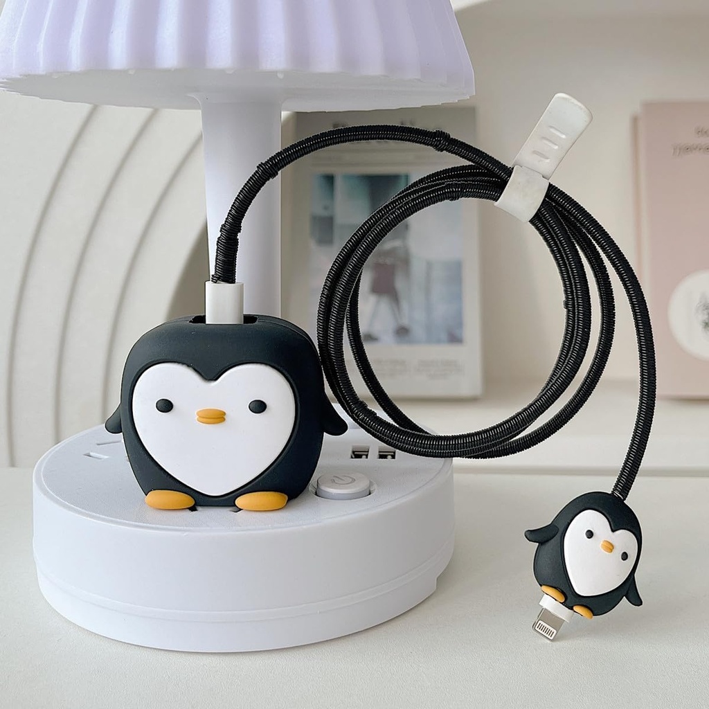 SKYCELL Charger Case Cover with Full Cable Protector 3D Cute Pattern Compatible for iPhone Charger Only 18W & 20W iPhone 16,iPhone 13,iPhone 15,iPhone 14 (Black Penguin)