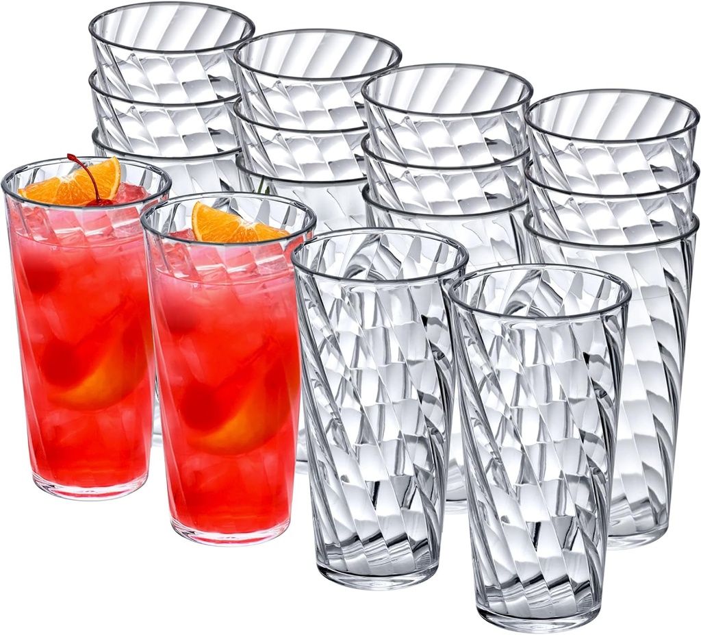 Amazing Abby - Glacier - 18-Ounce Plastic Tumblers (Set of 16), Plastic Drinking Glasses, All-Clear Reusable Cups, Stackable, BPA-Free, Shatter-Proof, Dishwasher-Safe