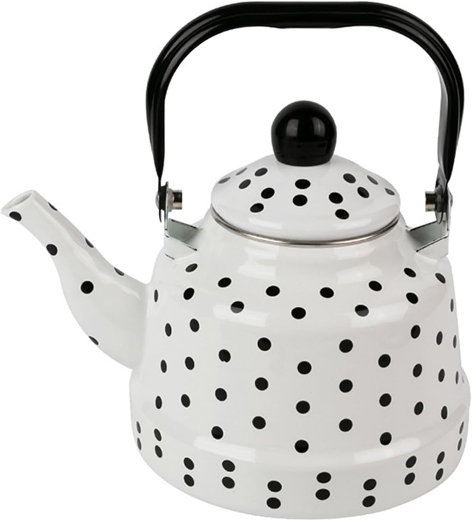 White Enamelwith Black Polka Dot Pattern for Stove Top,Retro Tea Pot for Hot Water,Quick Heat Easy Fill,No Whistling(1.7L)