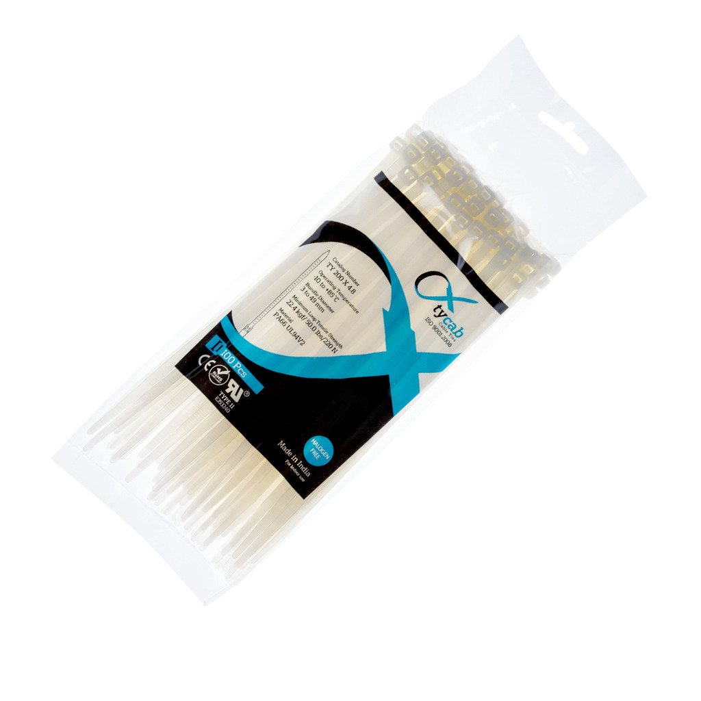 8 inch White Heavy Duty (200 mm x 4.8 mm) - 1 Pack of 100 Cable Ties