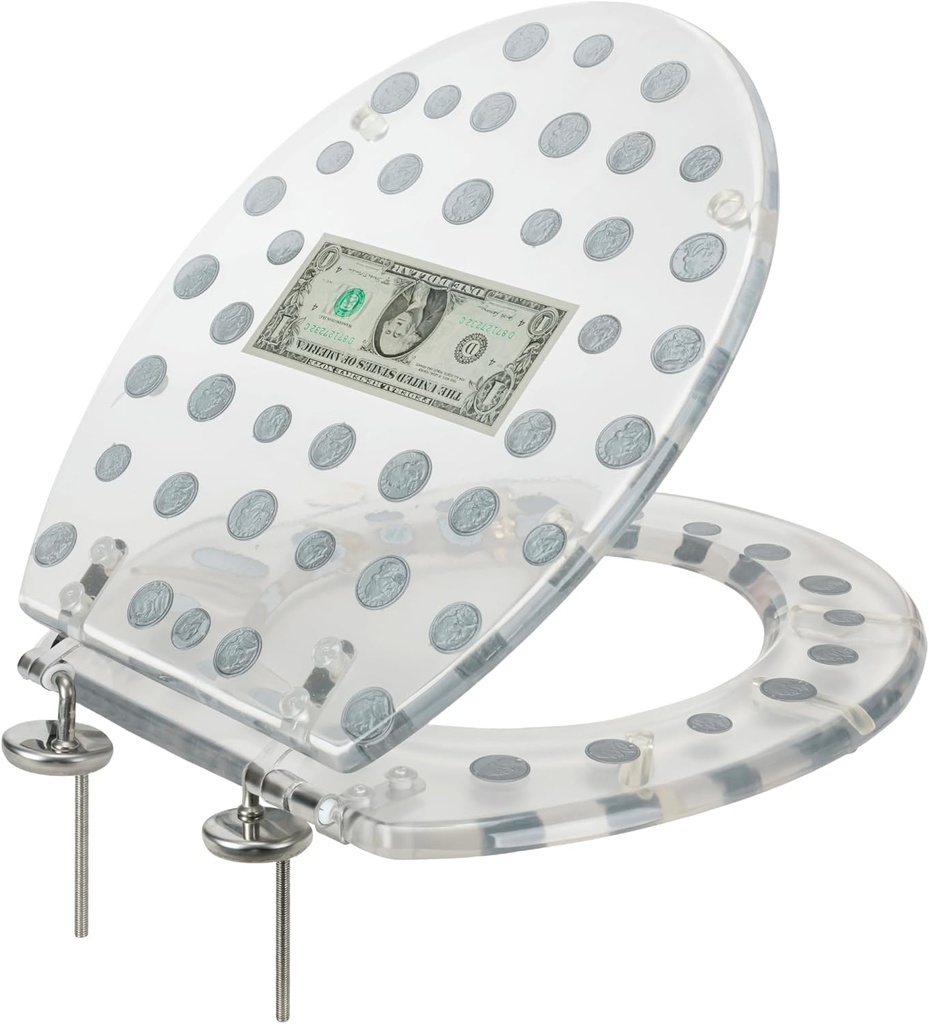 Polyresin Real Dollar Bill & Plastic Coins Money Toilet Seat By PREMIUS, Standard Round, 17 Inches, Clear, Money Bathroom Decor, Comfortable Bumpers & Easy Cleaning, Stainless Steel Hinges