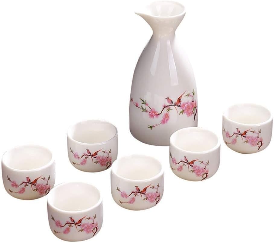 7 Pieces Sake Set, Ceramics Wine Glasses Set, Quaint Flowers Underglaze Design, for Cold/Warm/Hot Sake/Shochu/Tea, Best Gift for Family and Friends
