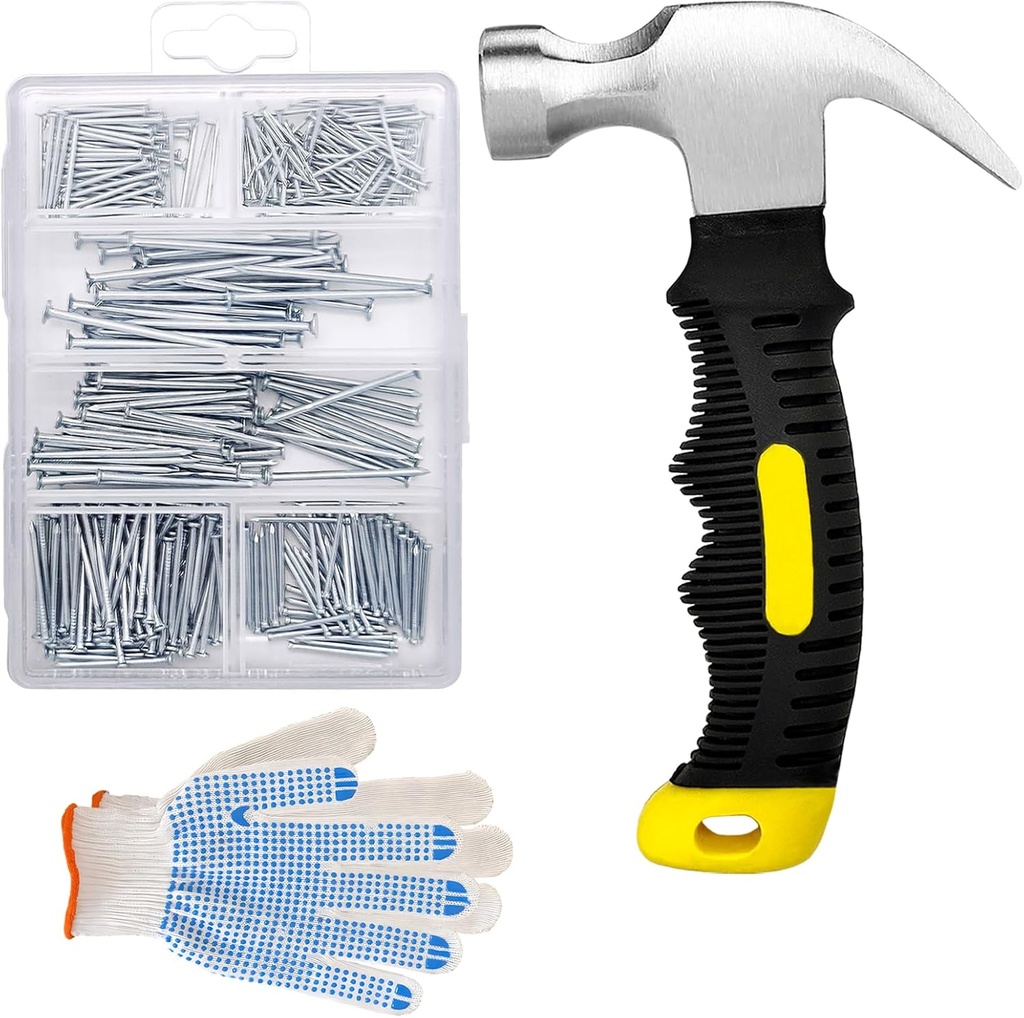 376pcs Hardware Nails Assortment Kit with 8oz Small Claw Hammer, Mini Hammer with Anti-Slip Handle, Maximum Length 2 Inches, Finishing Nails for Hanging Pictures, Household & DIY