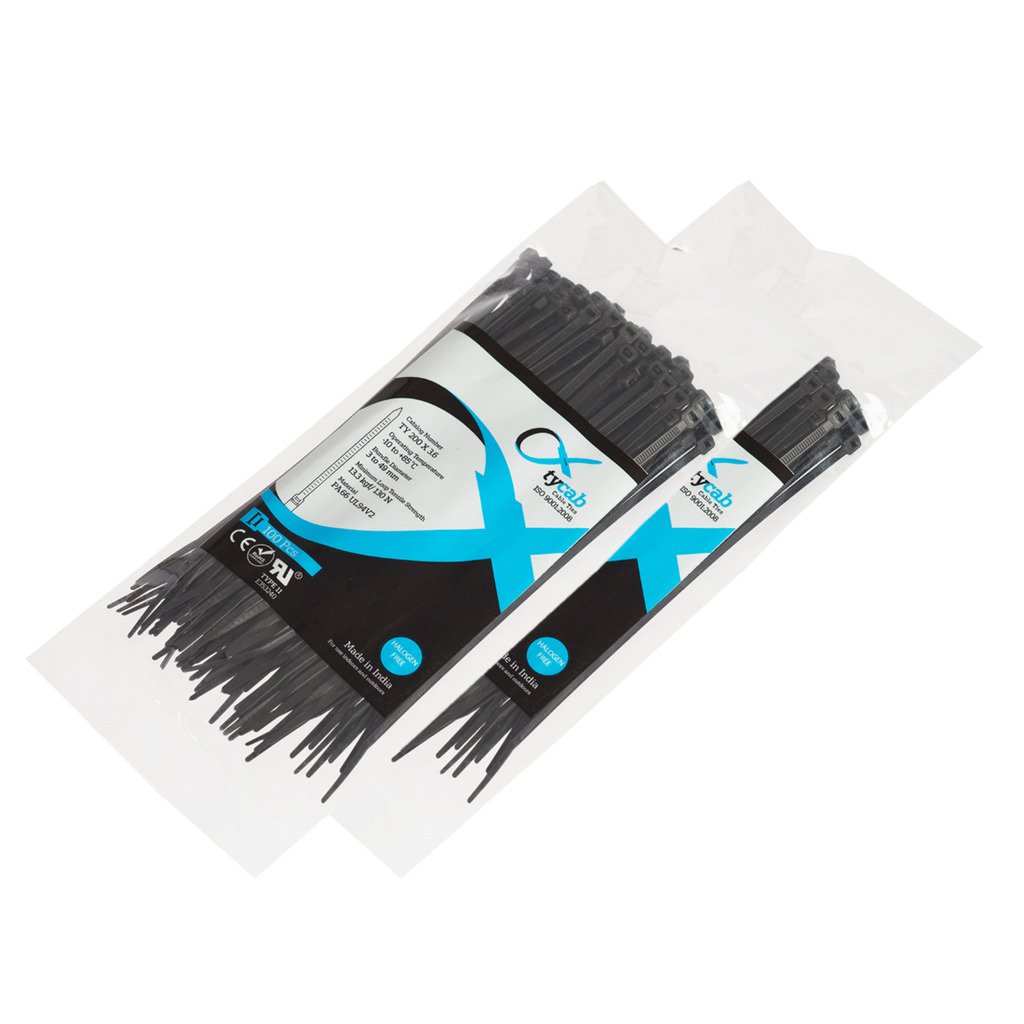 8 inch Black (200 mm x 3.6 mm) - 2 Packs of 100 Cable Ties