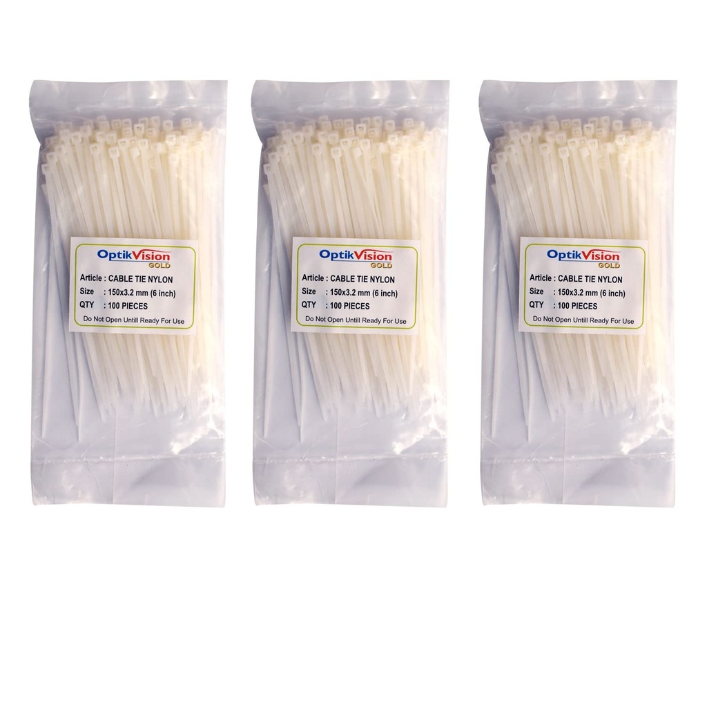 Cable Ties 6 Inch { 300 Pcs } Nylon Zip Ties Self Locking With Heavy Duty White 150 × 3.2 mm