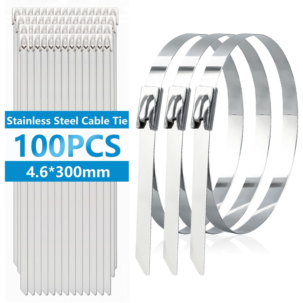100Pcs Metal Zip Ties 11.8 Inch 304 Stainless Steel Cable Ties Heavy Duty Zip Ties for Outdoor Fence Farm Cable Pipe Garden H-082-100PCS
