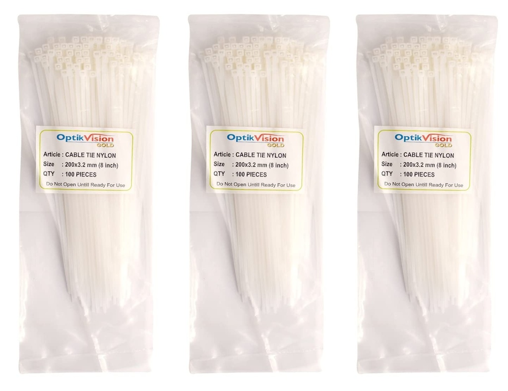 Cable Ties 8 Inch { 300 Pcs } Nylon Zip Ties Self Locking With Heavy Duty White 200 × 3.2 mm