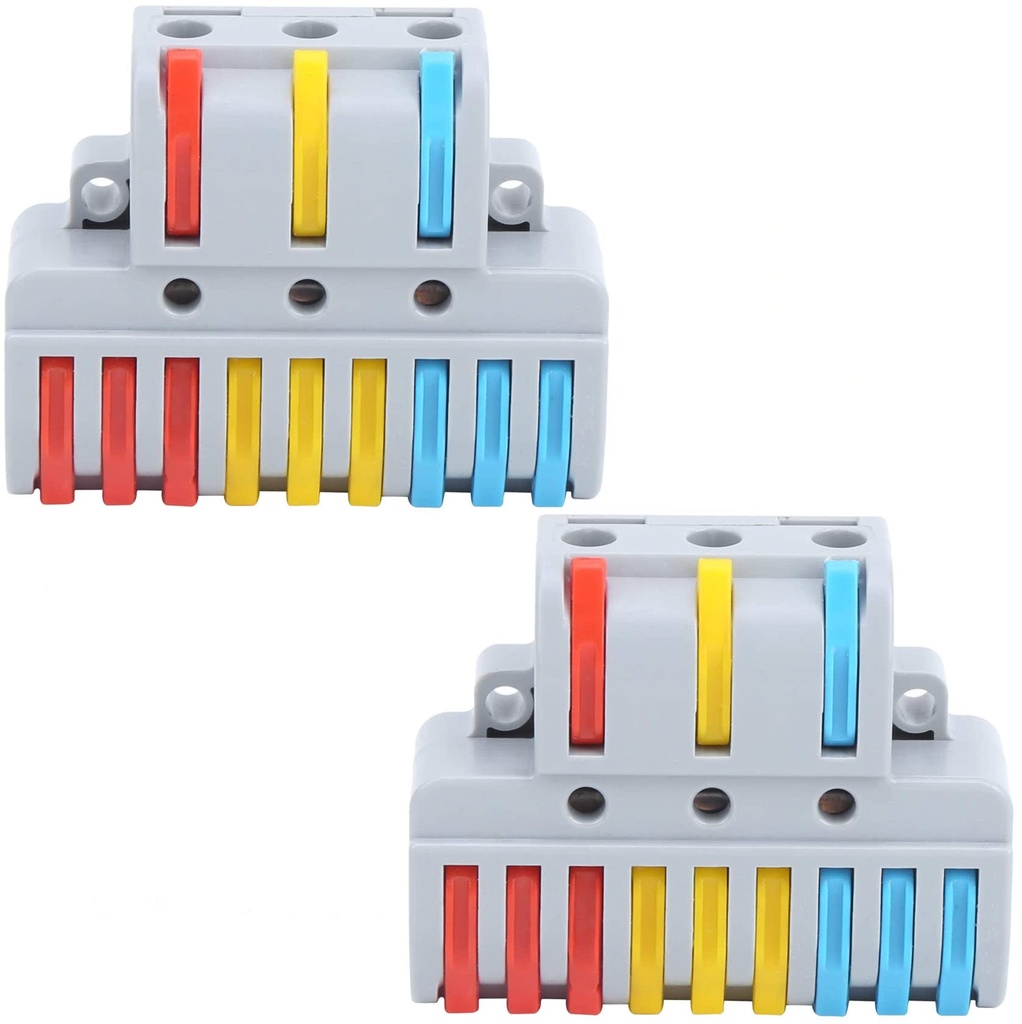 Wiring Cable Connector - 3 to 9 Inline Push-in Conductor Terminals - Spring Lock Lever for Cable Connection - Wire Connector Terminal Block (2pcs, 3 to 9 Inline, Multi)