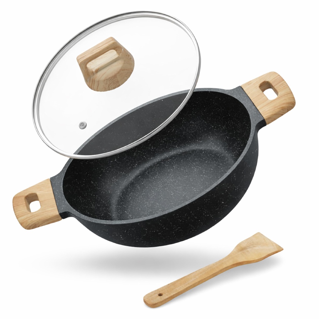Lifelong Die-Cast Kadhai 24cm with Glass Lid & Wooden Spatula | 1.9L, 1.5Kg | Gas & Induction Compatible | Even Heat Distribution, Toxin & Teflon Free, Non-Stick, & Durable | Perfect for Cooking