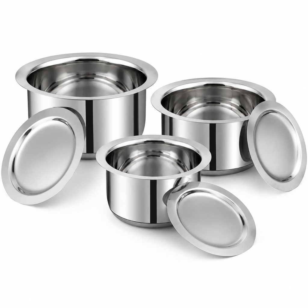 Vinod Stainless Steel Tope Set with Lid, 3 Pieces, 1L 1.4L 1.8L, Heavy Sandwich Bottom, Induction & Gas Compatible, Dishwasher Safe Stackable Patila Cookware Set for Everyday Boiling and Cooking Needs