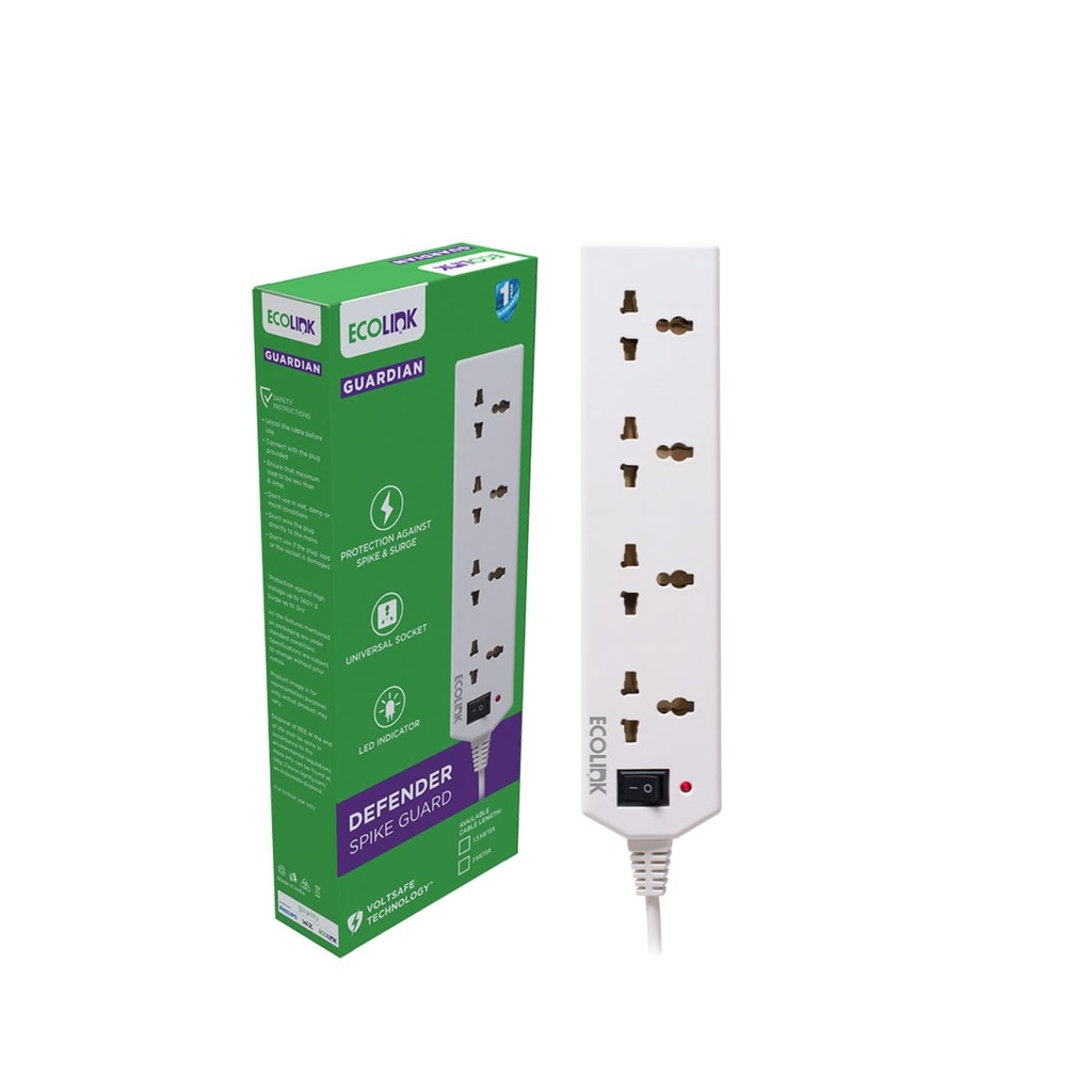 EcoLink Defender Surge & Spike Guard 1.5 M | 4 Socket Extension | Surge Protection | Heavy-Duty Cable | Home & Office | Pack of 1