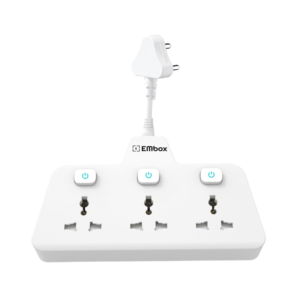 EMBOX Multi Plug Socket 2500 W | Extension Board with Switches | 3 Universal Sockets Multi Plug Adapter Fast Charging No Block Design, White