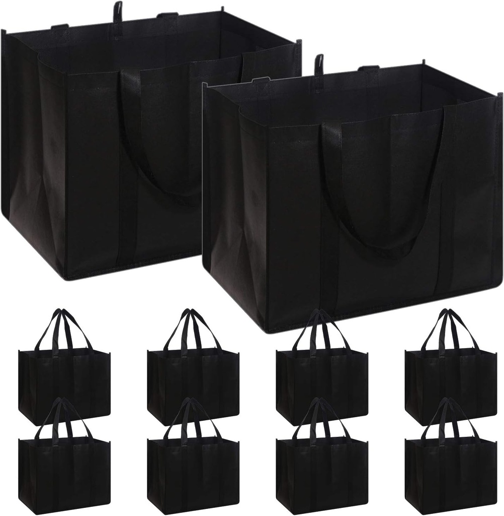 DIOMMELL Set of 10 Reusable Grocery Bags Extra Large Foldable Heavy Duty Shopping Tote Produce Bag with Reinforced Handles, Black