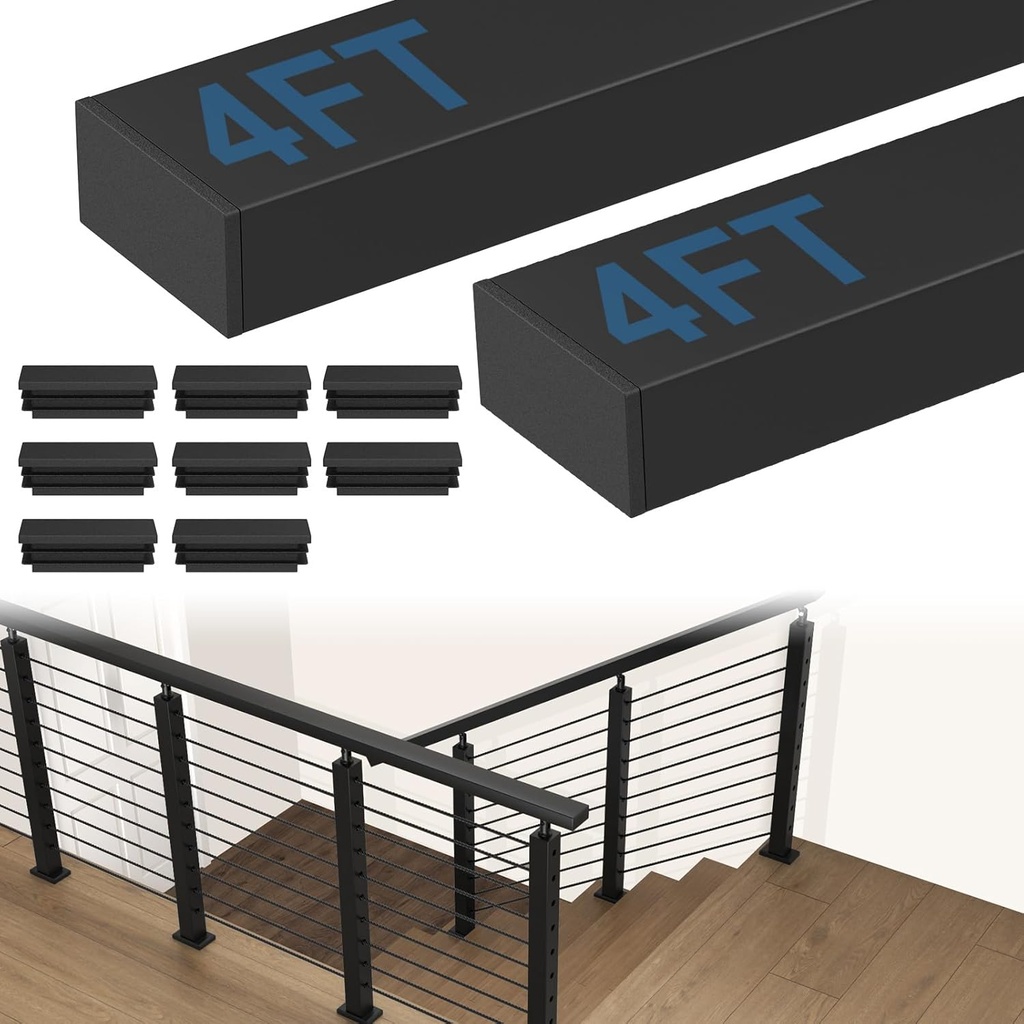 CKE 2 Pack 4FT Stainless Steel Handrail, Cable Railing Handrail for Indoor Outdoor Deck Stair, Flat Top Rail Cable Railing System, Black Rectangular Hand Rails Deck Railing Kits with End Caps, HT02