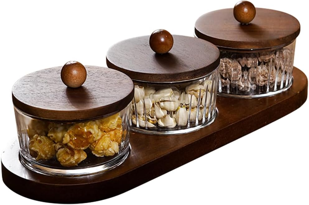 Round Glass Snackle Box Container Snack Organizer and Fruit Platter with Acacia Wood Lids and Tray Divided Serving Tray for Nuts Candy Dry Fruits (3 Jars)