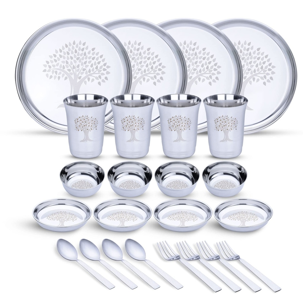 LIMETRO STEEL Stainless Steel Dinner Set for 4, 24-Piece Indian Thali Set with Plates, Bowls, Katori, Glasses, Spoons & Forks, Tree Design (Set of 24- Serves 4)
