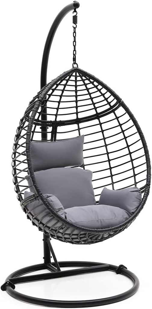 SereneLife Hanging Egg Chair for Outdoor & Indoor Use – Wicker Rattan Swing Chair with Cushions, Powder-Coated Steel Frame, Washable UV-Resistant Cover, Gray, Modern Patio Hammock Seat