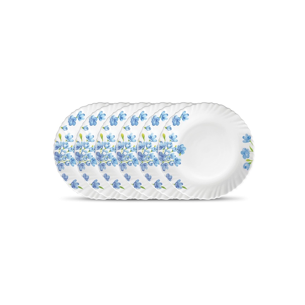 La Opala Diva Classique Collection Opal Glass Crockery | Quarter Plate Set of 6 | Aster Blue Design | for Snacking & Gifting | Microwave Safe | 100% Vegetarian | Extra Strong | Light & White