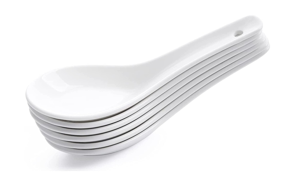 Ceramic Soup and Dessert Spoon, Microwave Safe - Pack of 6 (White) - 13 Cm