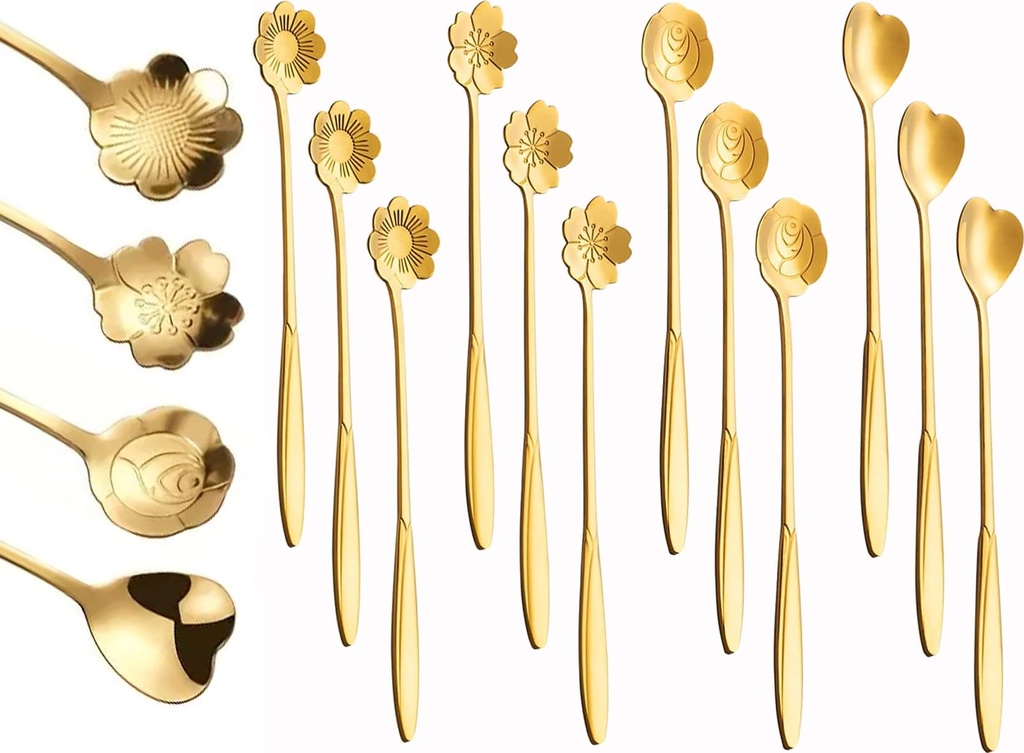 12Pcs Flower Dessert Spoons, Coffee Teaspoon Set Stainless Steel Tableware Sugar Spoon Small Tea Spoons Cafe Bar Spoon Cute Coffee Teaspoon Mini Tableware, 4 Styles (Gold) (12), 18cm