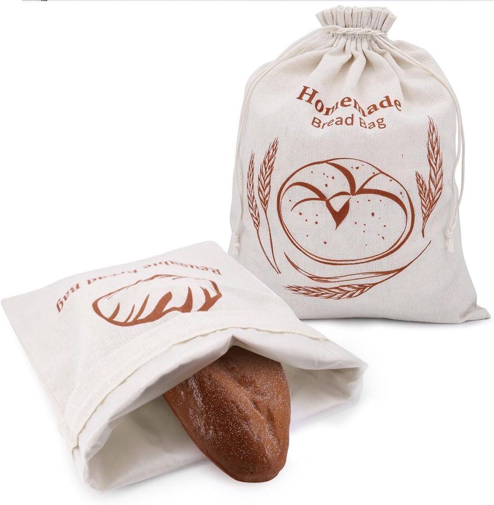 2 Pack Reusable Linen Bread Storage Bags with Plastic Lining, Sourdough Bread Keeper for Home Bakers, 12x15 Inch (2 patterns)