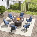 7 Pieces Patio Furniture Set with Round Fire Pit Table, Outdoor Conversation Sets 6 Chairs with Upgrade Cushions for Patio, Backyard Dark Blue