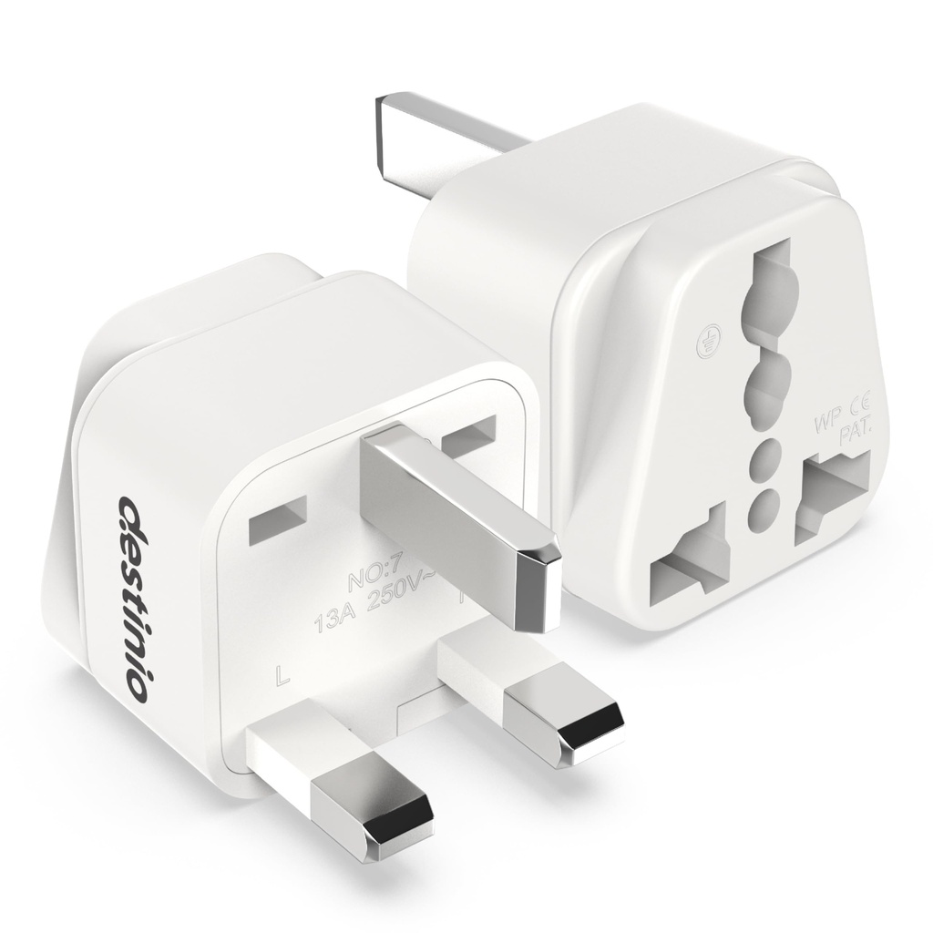 Destinio Type G Travel Adapter | UK Plug Adapter for India to UK, UAE, Singapore & More | Universal Socket, 13A 250V 2500W| International Travel Plug Adapter | CE & RoHS Certified (Pack of 2)