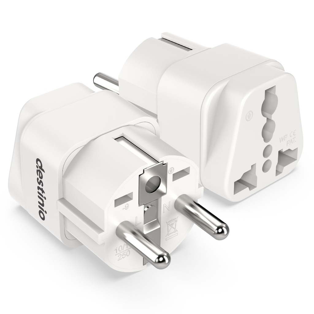 Destinio Universal Europe Travel Adapter Type E/F Schuko Plug Converter 13A 250V, International EU Power Socket for Germany France Spain, Portable European Plug for Mobile Laptop Charger (Pack of 2)