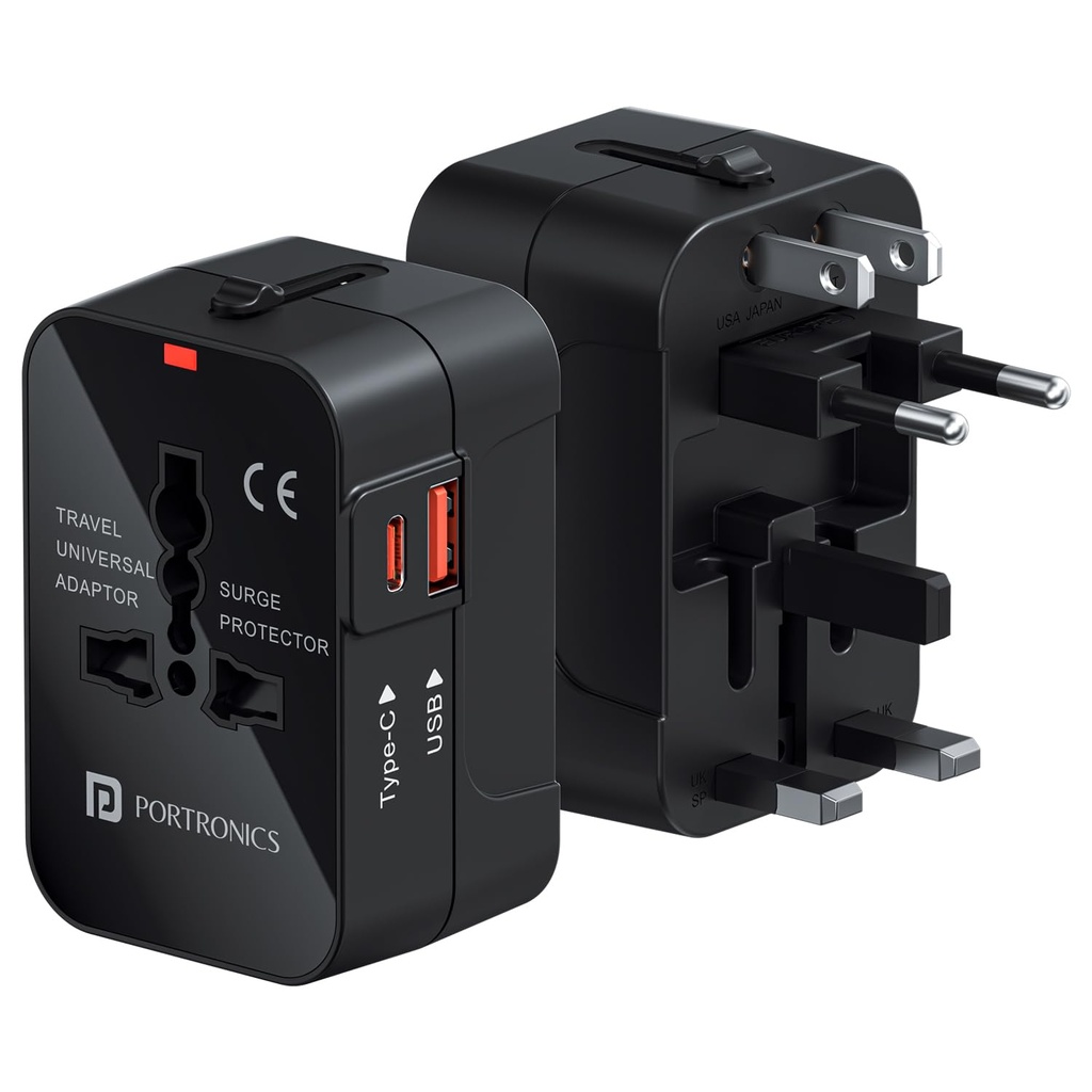 Portronics Juicemate Universal Travel Adapter with 20W Type C PD & 18W USB-A Output Port, All in One International Travel Fast Charging Adapter, Suitable for 200+ Countries US,UK,EU,AUS,Etc(Black)