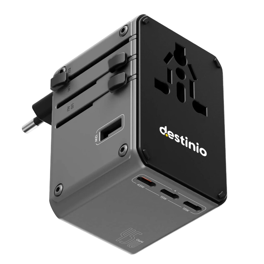 Destinio Universal Travel Adapter - 6-in-1 Fast Charging International Charger with PD, Type C & 3 USB Ports - All-in-One for US, UK, Europe (45W- Type C- (6 in 1) - Gray)