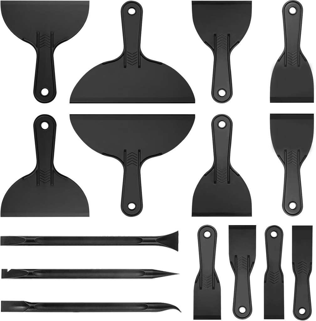 15 Pack Plastic Putty Knife Set - 12 Flexible Plastic Paint Scraper Tool and 3 Detail Scraper Tool for Spackling, Repairing Drywall, Removing Wallpaper, Applying Mud or Plaster